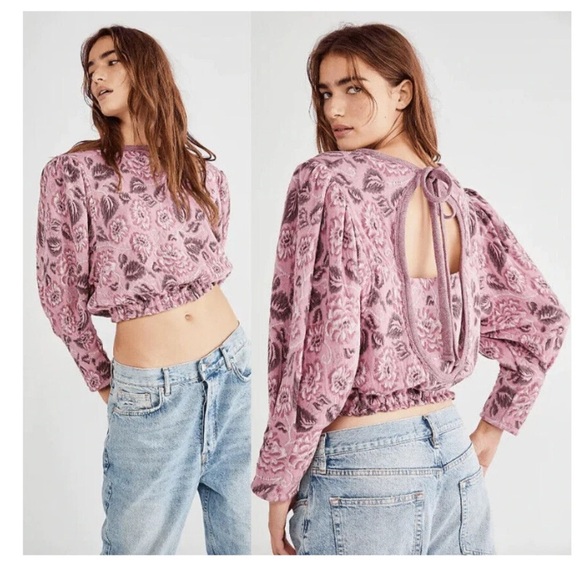 Free People Tops - Free People Pink Floral Cropped Top Open Back No Ordinary Floral Puff Sleeve M